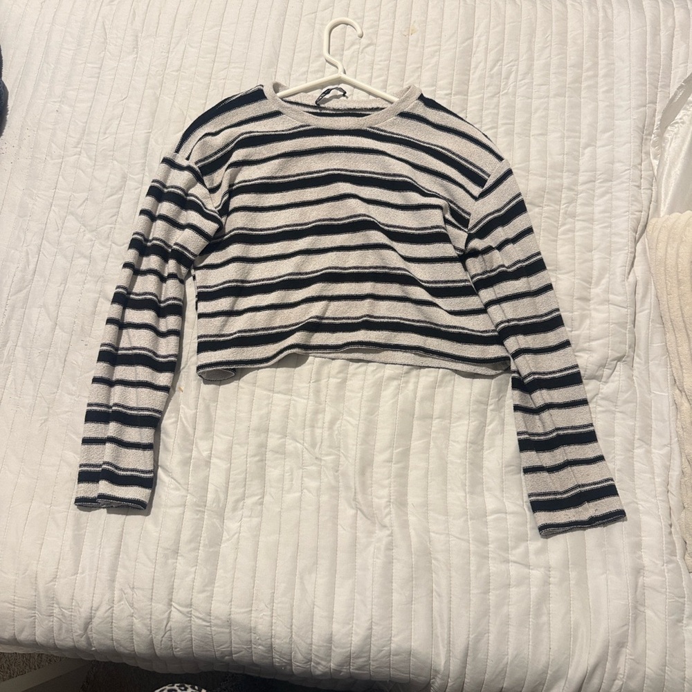 Zara Black and White Striped Crew Neck Sweater
